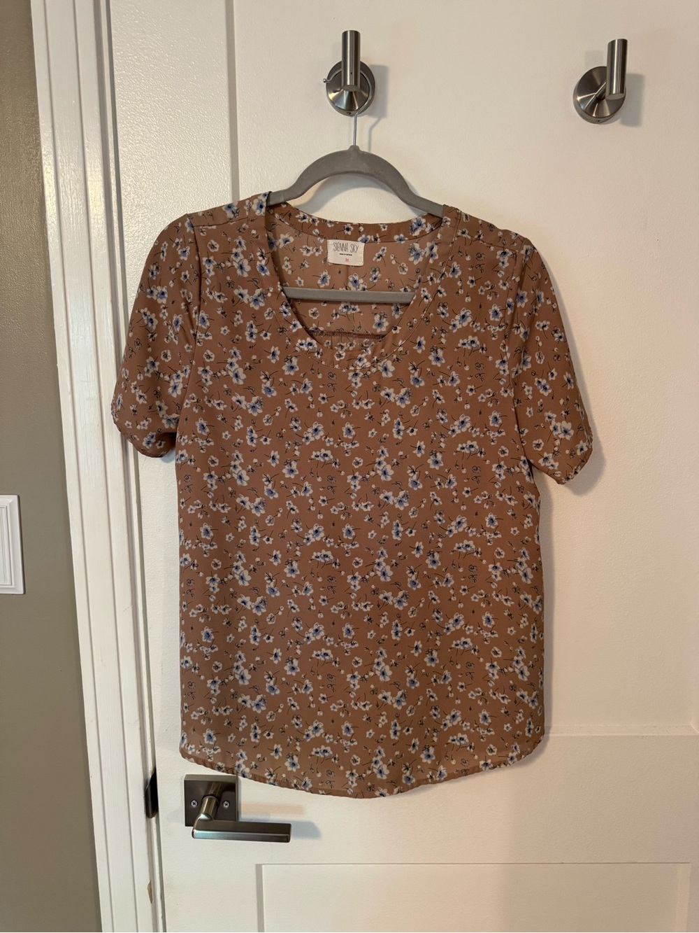 Sienna Sky Brown Floral V-Neck Blouse with Short Sleeves